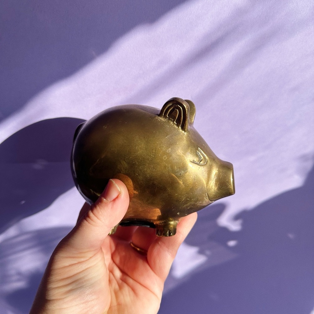 Vintage Brass Pig Piggy Bank w/ Plug